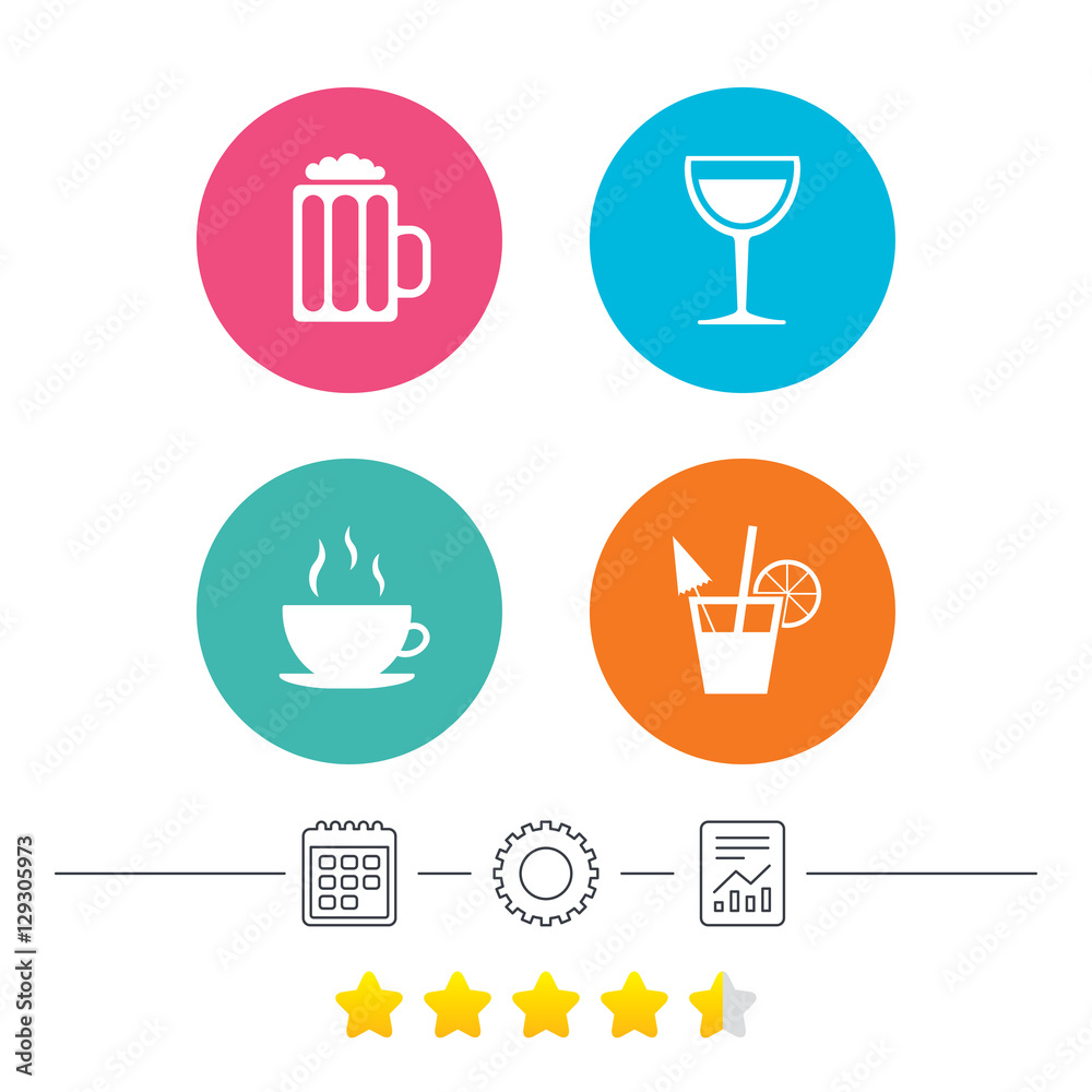 Drinks icons. Coffee cup and glass of beer symbols. Wine glass and cocktail signs. Calendar, cogwheel and report linear icons. Star vote ranking. Vector