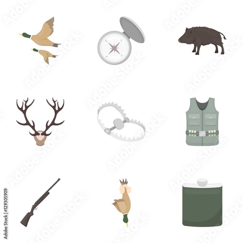 Hunting set icons in cartoon style. Big collection of hunting vector symbol stock illustration