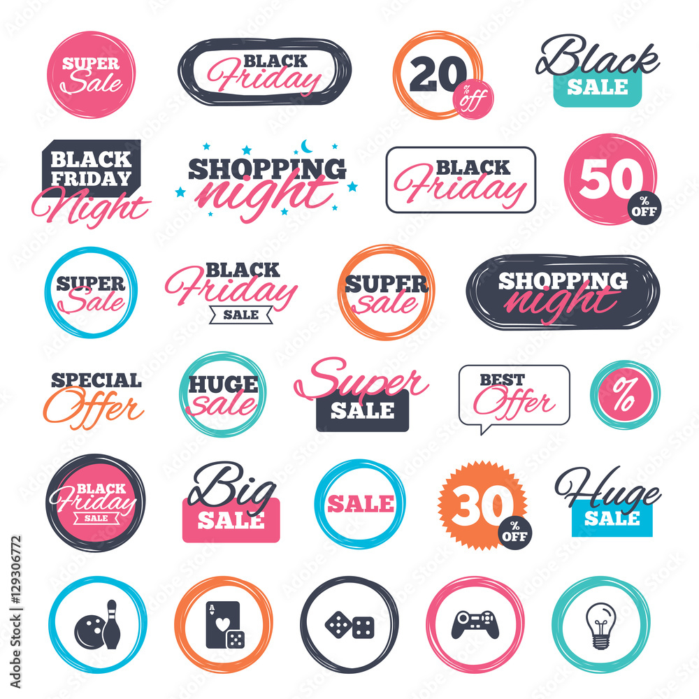 Sale shopping stickers and banners. Bowling and Casino icons. Video game joystick and playing card with dice symbols. Entertainment signs. Website badges. Black friday. Vector