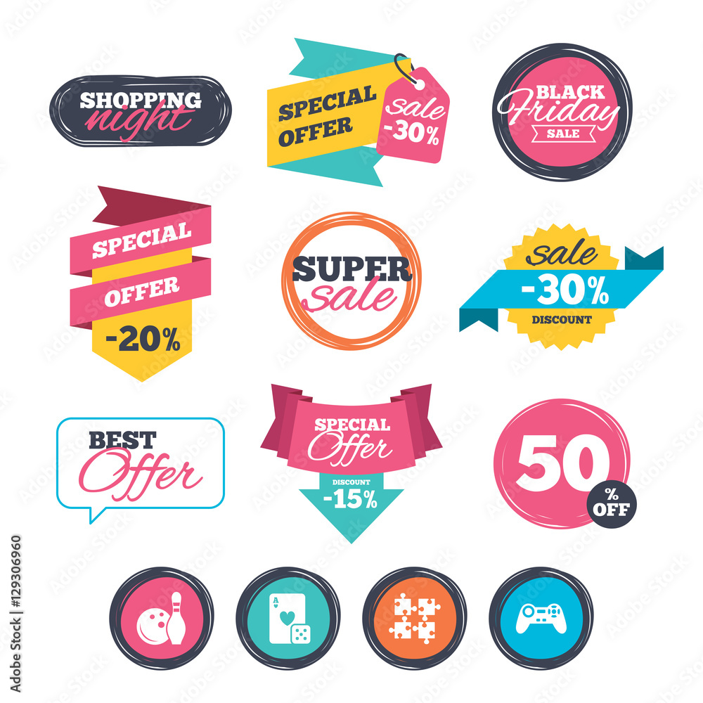 Sale stickers, online shopping. Bowling and Casino icons. Video game joystick and playing card with puzzles pieces symbols. Entertainment signs. Website badges. Black friday. Vector