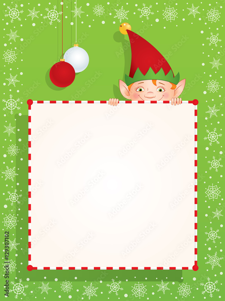 Vector cartoon illustration of a Christmas Elf hiding behind a blank ...