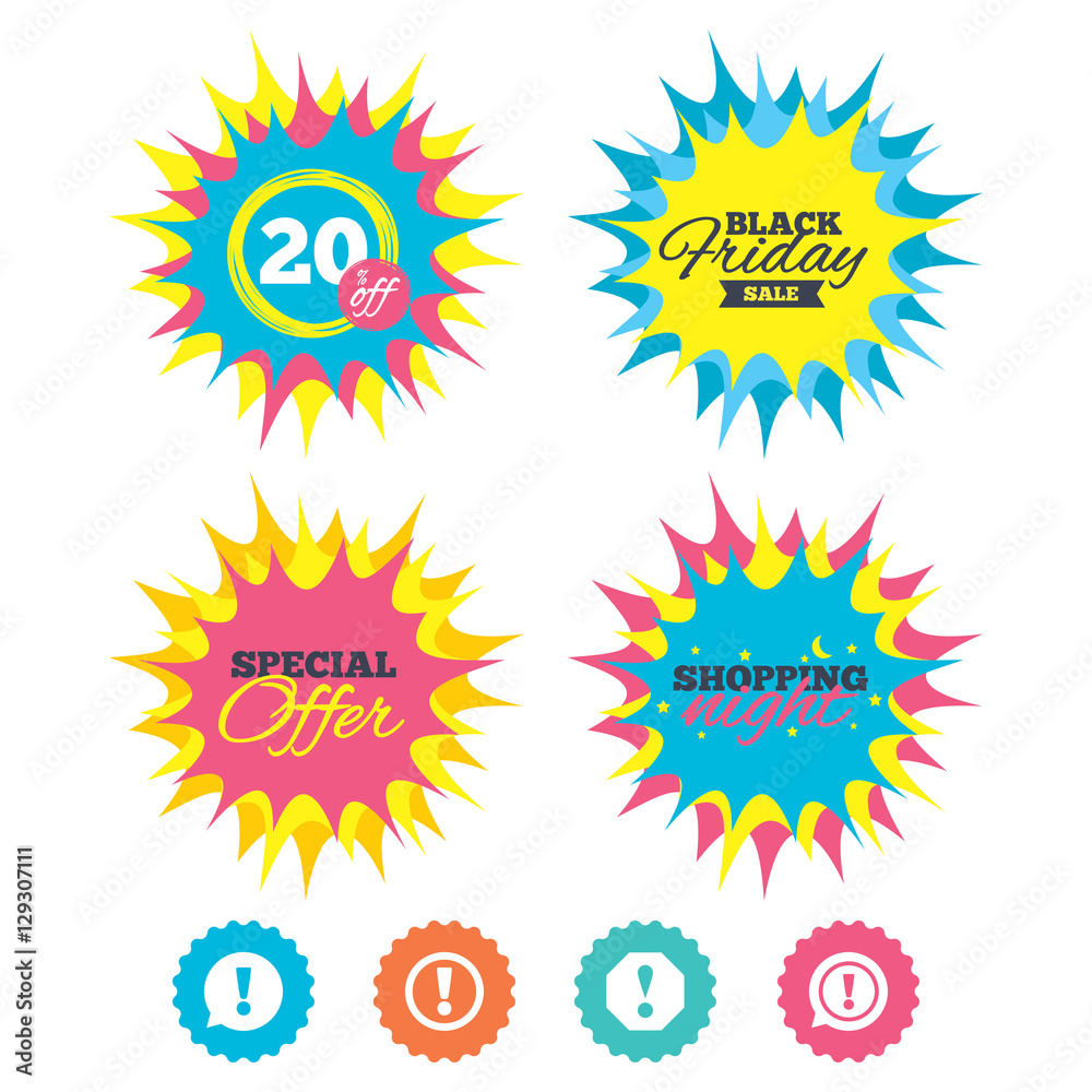 Fototapeta premium Shopping night, black friday stickers. Attention icons. Exclamation speech bubble symbols. Caution signs. Special offer. Vector