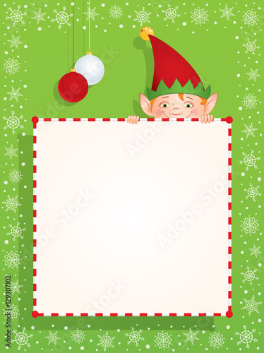 Vector cartoon illustration of a Christmas Elf hiding behind a blank banner. Place for text on a white background. Vertical format.