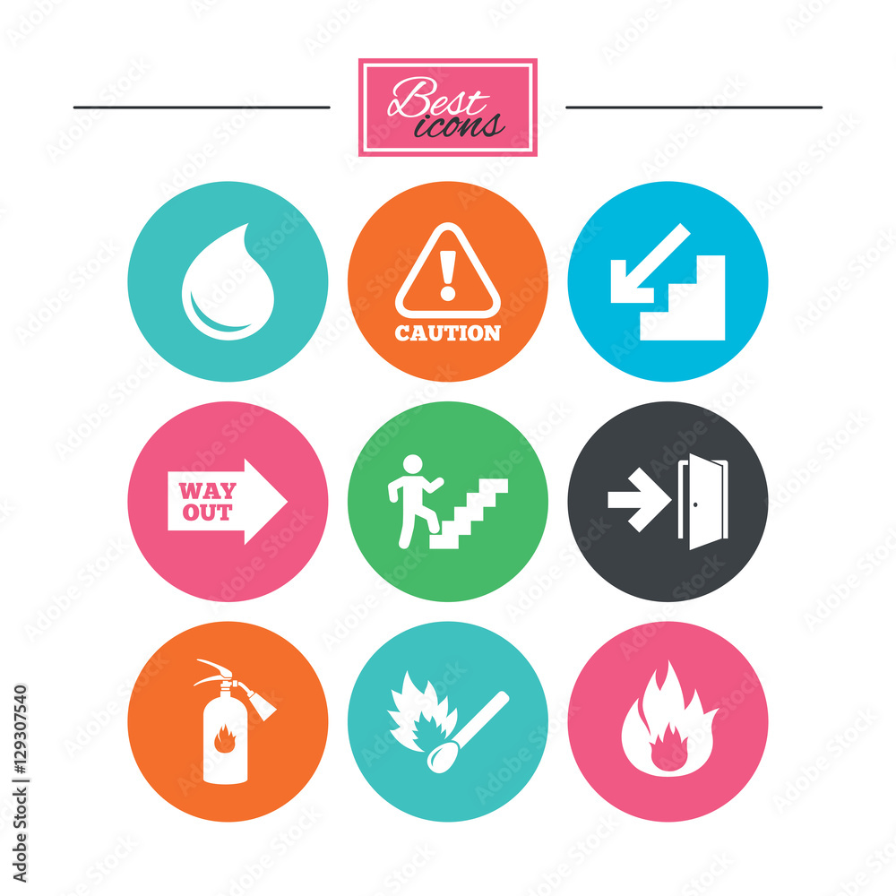 Fire safety, emergency icons. Fire extinguisher, exit and attention signs. Caution, water drop and way out symbols. Colorful flat buttons with icons. Vector Fire safety, emergency icons. Fire extinguisher, exit and attention signs. Caution, water drop and way out symbols. Colorful flat buttons with icons. Vector