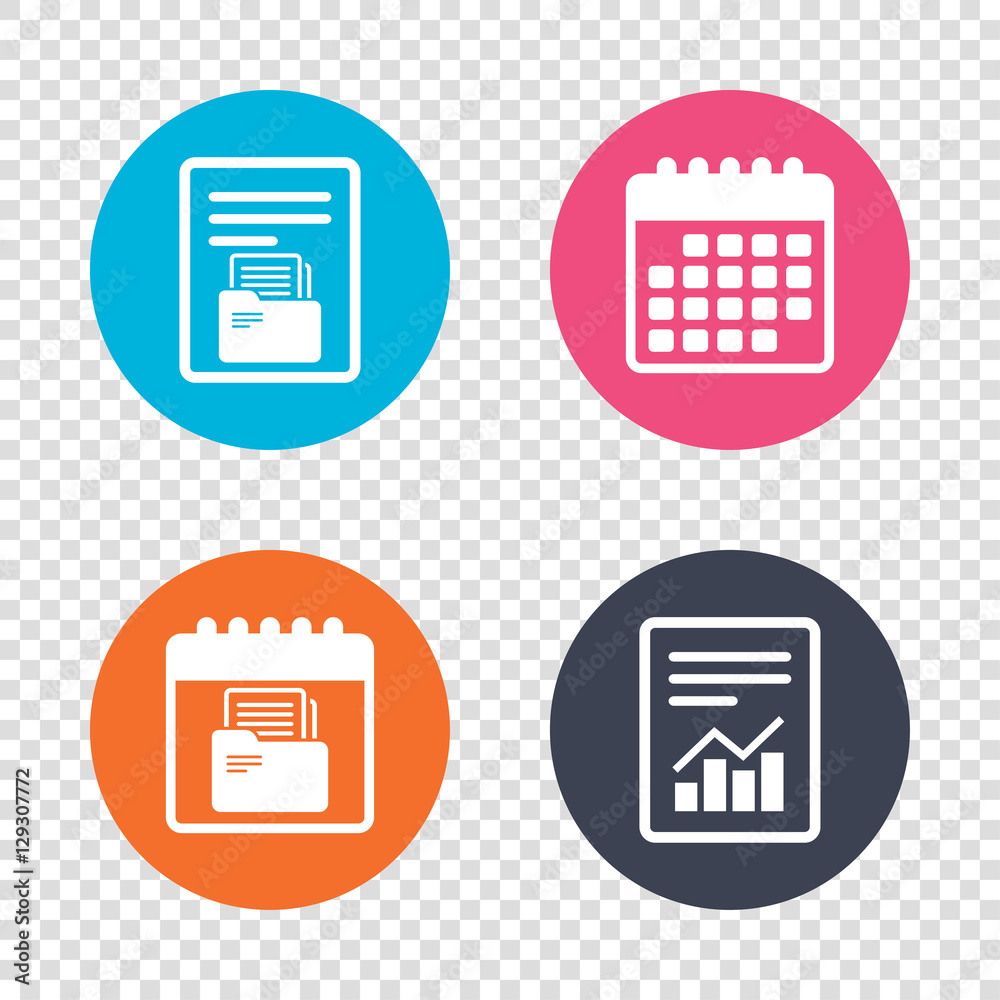 Report document, calendar icons. Document folder sign. Accounting binder symbol. Bookkeeping management. Transparent background. Vector Report document, calendar icons. Document folder sign. Accounting binder symbol. Bookkeeping management. Transparent background. Vector