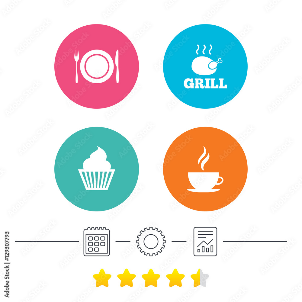 Food and drink icons. Muffin cupcake symbol. Plate dish with fork and knife sign. Hot coffee cup. Calendar, cogwheel and report linear icons. Star vote ranking. Vector