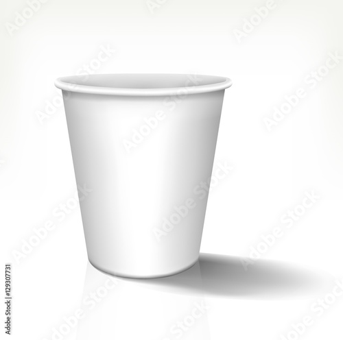 White realistic paper cup in front view. Vector template, 3d design. Fully editable handmade mesh. Disposable paper cup used for advertising different drinks.