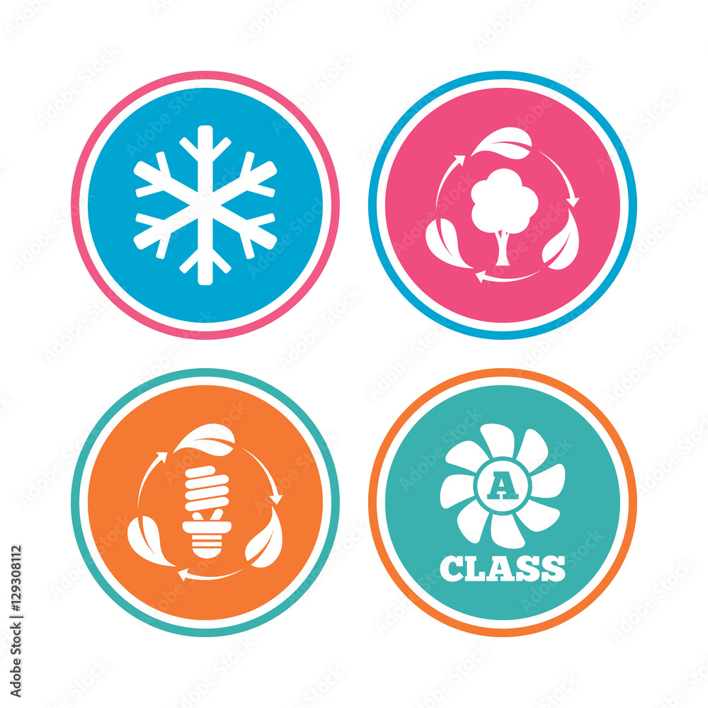 Fresh air icon. Forest tree with leaves sign. Fluorescent energy lamp bulb symbol. A-class ventilation. Air conditioning symbol. Colored circle buttons. Vector Fresh air icon. Forest tree with leaves sign. Fluorescent energy lamp bulb symbol. A-class ventilation. Air conditioning symbol. Colored circle buttons. Vector