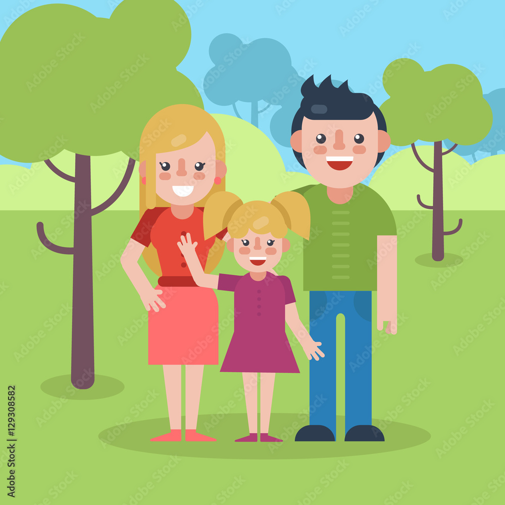 Young parents flat vector illustration. Young family on natural park background. Mother, father and daughter flat illustration. Family vector. Parents with child.