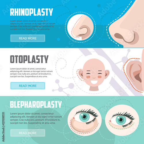 Plastic surgery horizontal banners set. Rhinoplasty, otoplasty and blepharoplasty banners. Vector illustration for surgery clinic, hospitals and advertisement. Body correction icons.