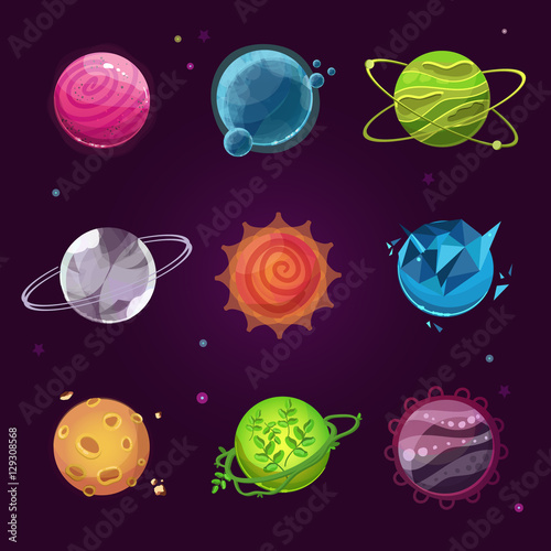 Planet icons for game design. Fantasty game planets set. Set of cartoon fantastic planets on space background. Fantasy alien planets set