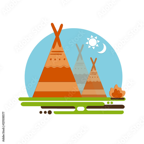 Indian teepee vector concept. Native American Indian house. Indian culture wigwam. Indian tent with fire place.