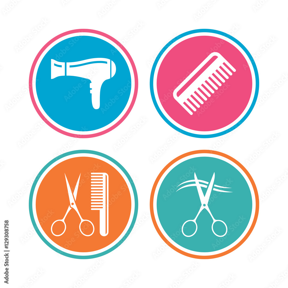 Hairdresser icons. Scissors cut hair symbol. Comb hair with hairdryer