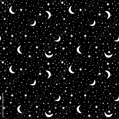 Seamless pattern with space in black and white colors. Vector background with stars and crescent moons