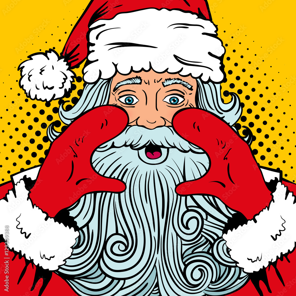 Wow pop art Santa Claus with surprised face, wide open eyes and mouth and  rising hands screaming. Vector illustration in retro pop art comic style.  Christmas party invitation. Stock Vector | Adobe