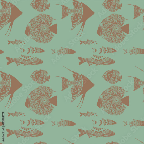 Seamless pattern with different brown fishes on blue background with mandalas, vector illustration