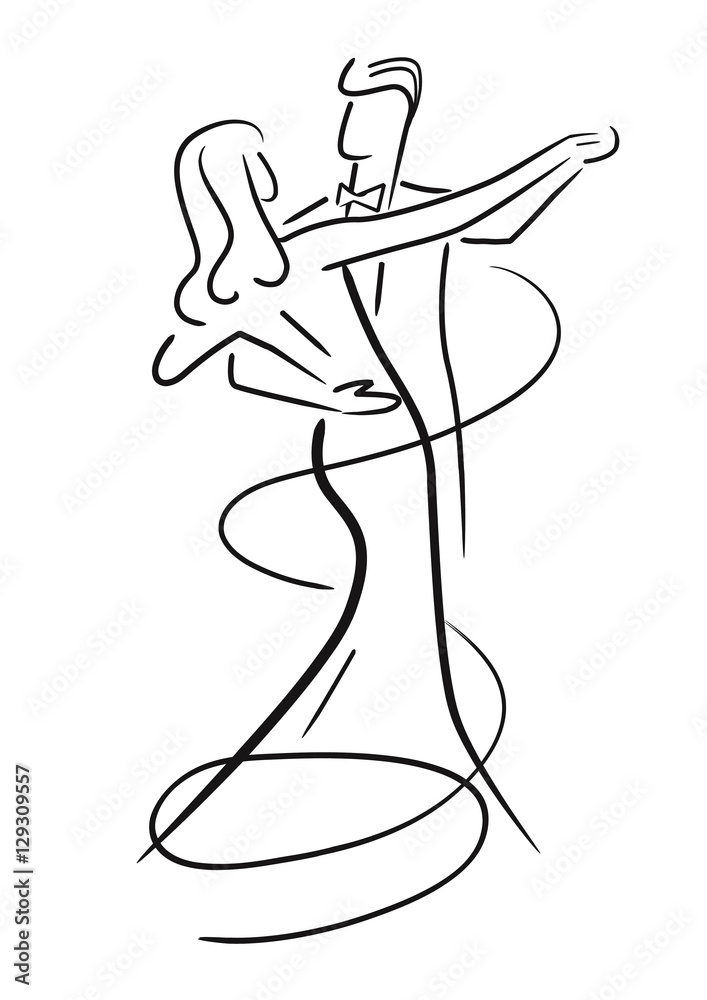 Young Couple ballroom dance. Black and white stylized drawing of Young ...