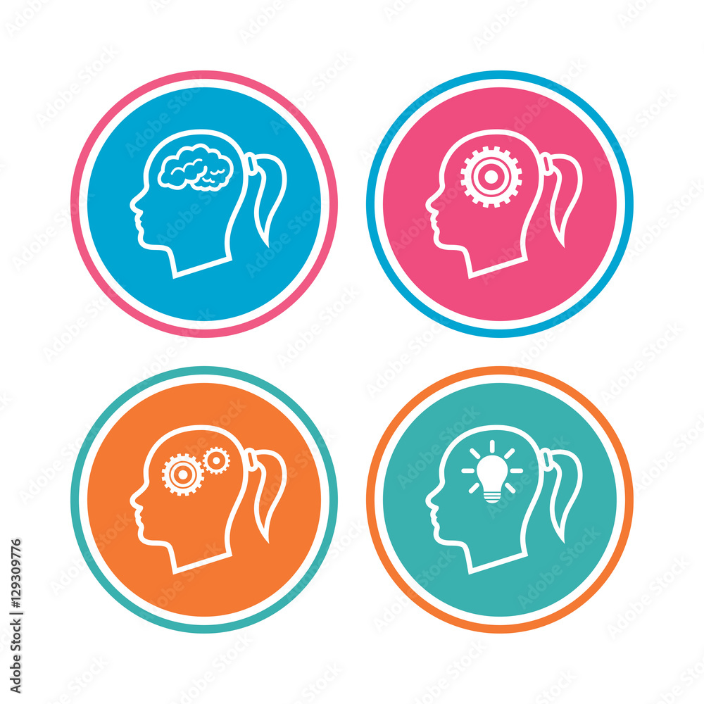 Head with brain and idea lamp bulb icons. Female woman think symbols. Cogwheel gears signs. Colored circle buttons. Vector