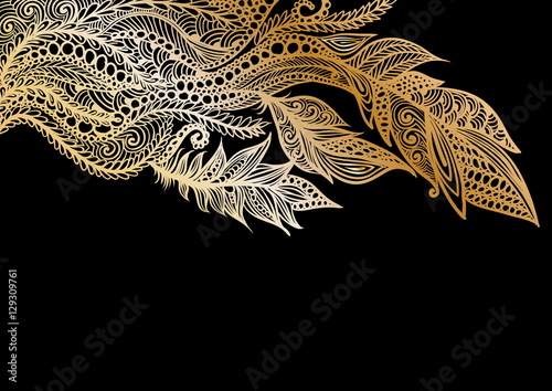 handdrawn abstract pattern with feathers in gold color,  on a black background