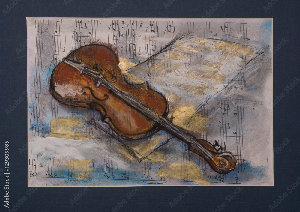 Violin / Dark and natural mixture of colors painting, waterproof ink, pastel,  paper, 30x40cm, Teresa Murányi colorist, modern, expressionist and abstract  painter works Stock Photo | Adobe Stock