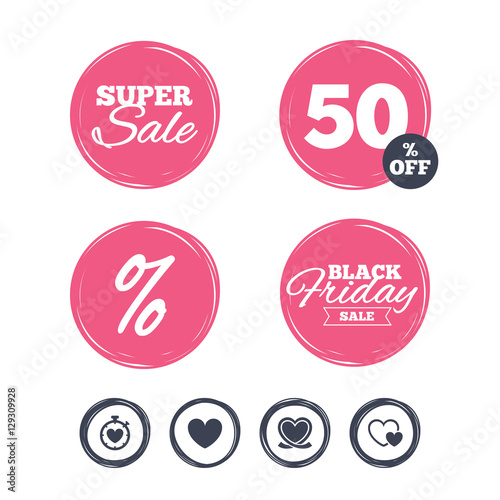 Super sale and black friday stickers. Heart ribbon icon. Timer stopwatch symbol. Love and Heartbeat palpitation signs. Shopping labels. Vector