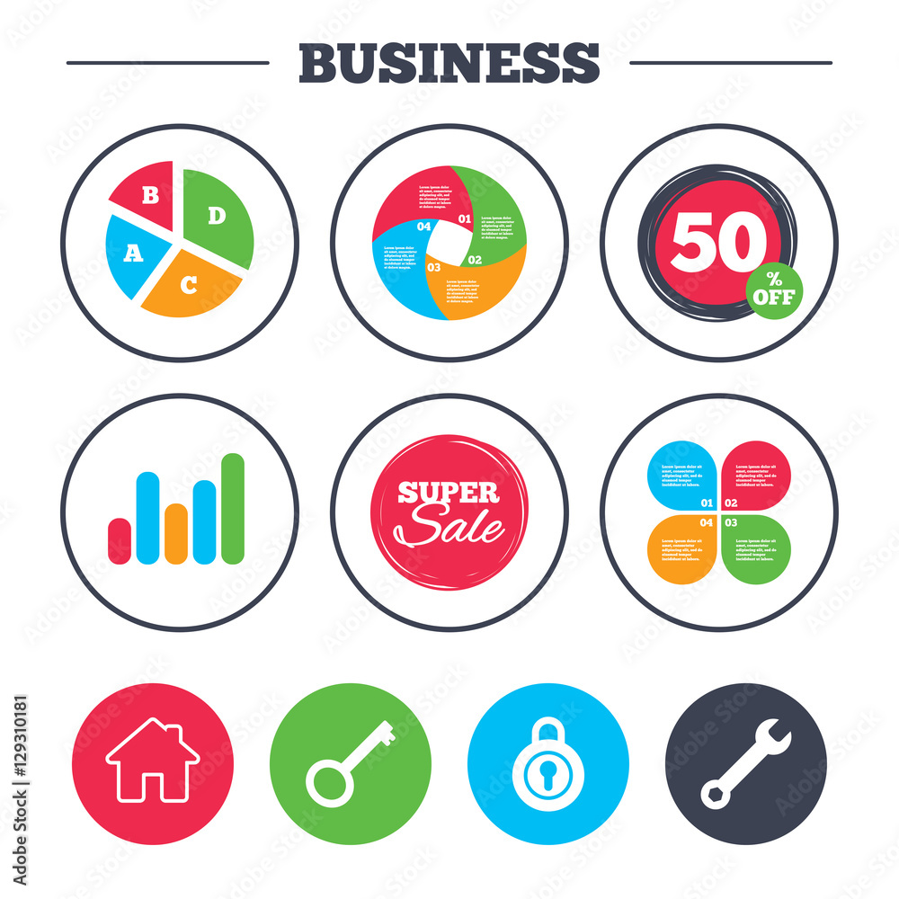 Business pie chart. Growth graph. Home key icon. Wrench service tool symbol. Locker sign. Main page web navigation. Super sale and discount buttons. Vector Business pie chart. Growth graph. Home key icon. Wrench service tool symbol. Locker sign. Main page web navigation. Super sale and discount buttons. Vector