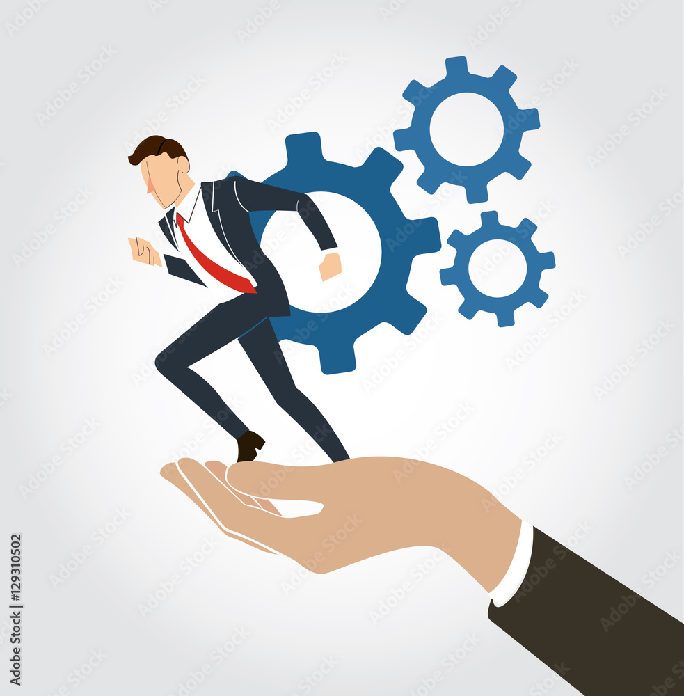 hand holding Businessman running with gear vector hand holding Businessman running with gear vector
