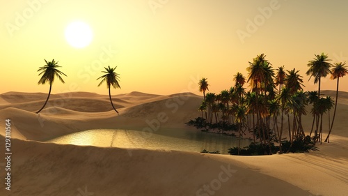 Oasis in the desert sand. Lake in the sands. Palm trees over the water.  