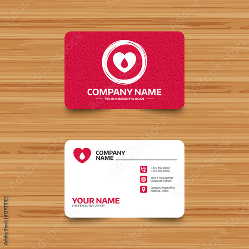 Business card template with texture. Blood donation sign icon. Medical donation. Heart with blood drop. Phone, web and location icons. Visiting card  Vector