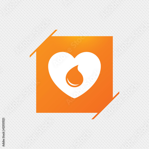 Blood donation sign icon. Medical donation. Heart with blood drop. Orange square label on pattern. Vector