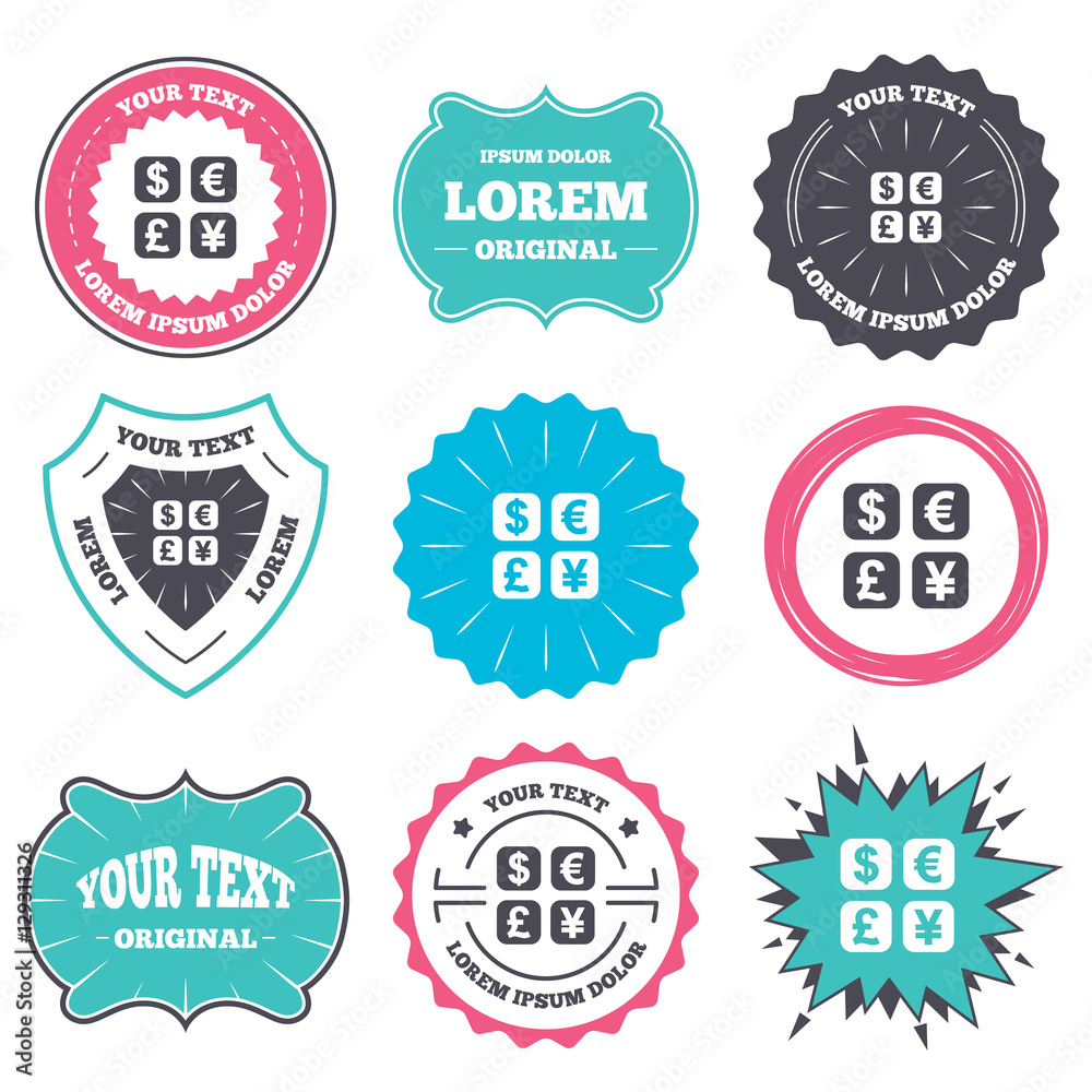 Label and badge templates. Currency exchange sign icon. Currency converter symbol. Money label. Retro style banners, emblems. Vector