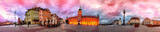Warsaw Royal Castle Square sunrise skyline, Poland. 360 degree pnanoram from 28 images with post processing effects