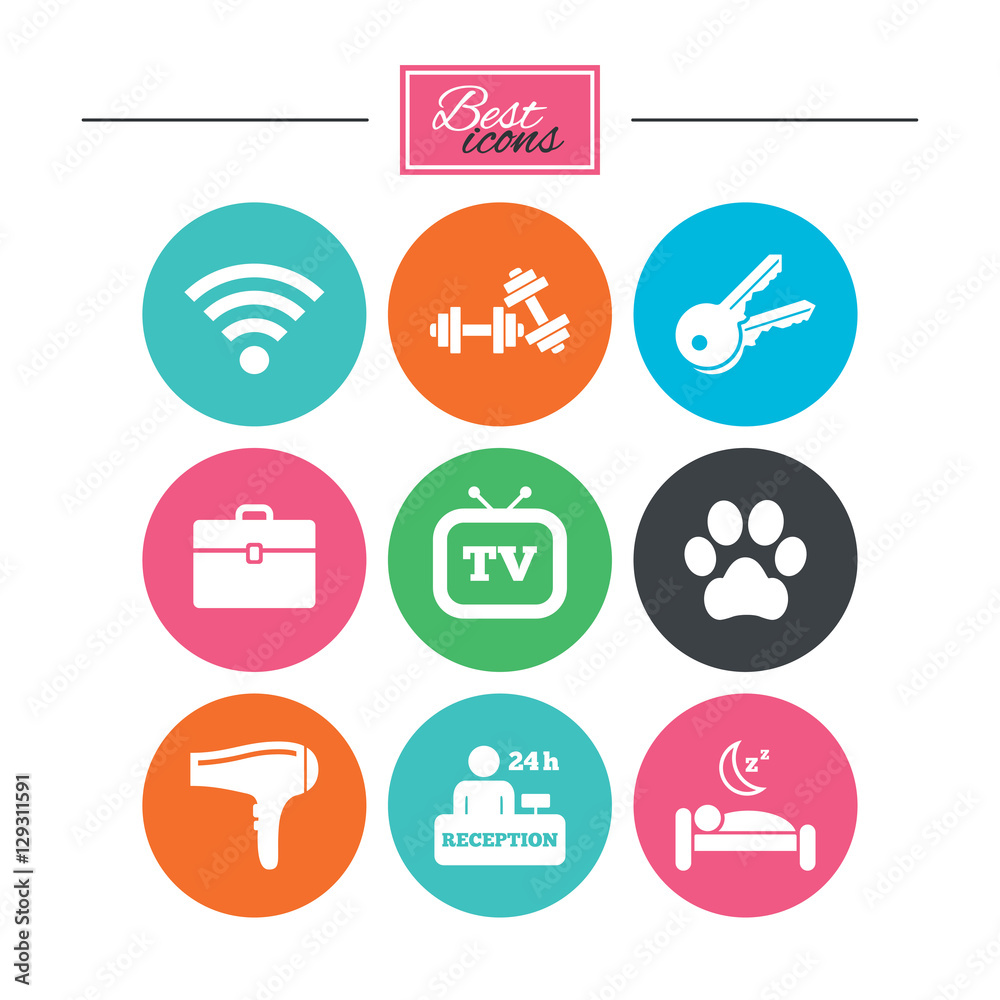 Fototapeta premium Hotel, apartment service icons. Wi-fi internet. Reception, pets allowed and hairdryer symbols. Colorful flat buttons with icons. Vector