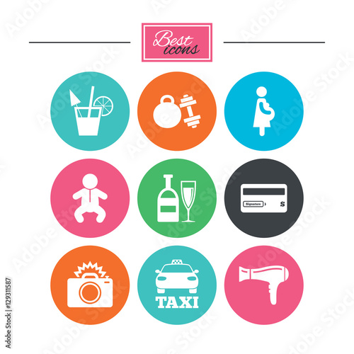 Hotel, apartment service icons. Fitness gym. Alcohol cocktail, taxi and hairdryer symbols. Colorful flat buttons with icons. Vector