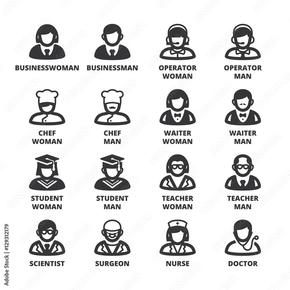 Professions and roles. People flat symbols. Black