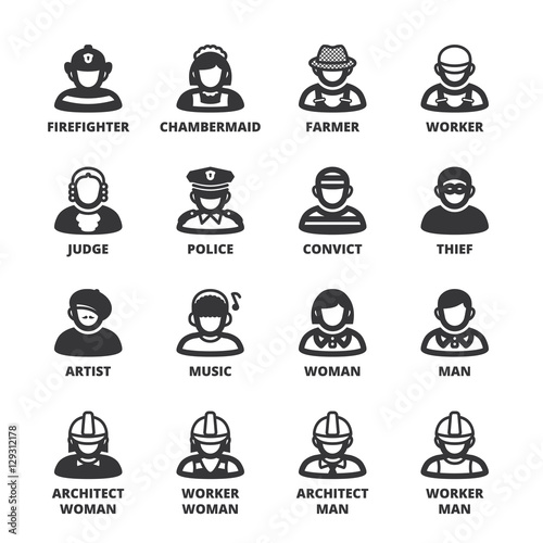 Occupations and roles. People flat symbols. Black