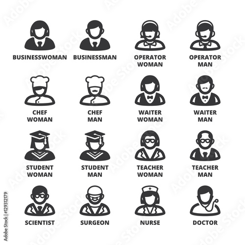 Professions and roles. People flat symbols. Black