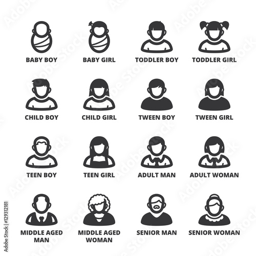 Age. Life stage. People flat symbols. Black
