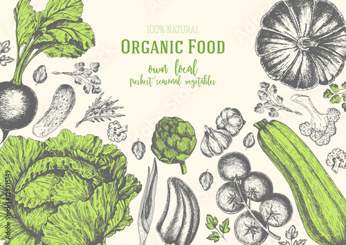 Vegetables top view frame. Organic food poster. Vector illustration. Linear graphic.