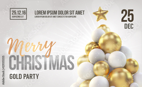 White christmas card or flyer template with golden christmas tree