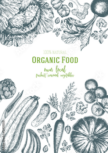 Vegetables top view frame. Organic food poster. Vector illustration. Linear graphic.
