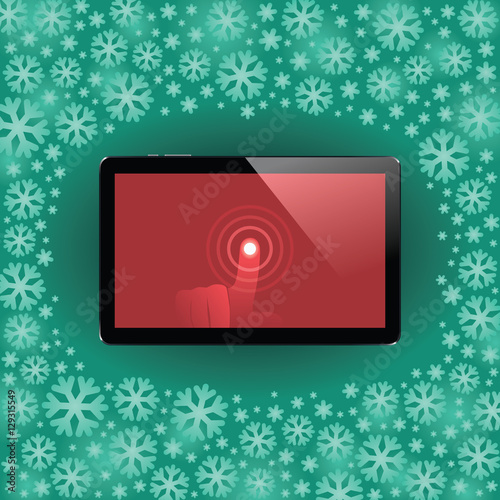 Digital tablet with shiny sensor screen with touch hand. Electronic smart device