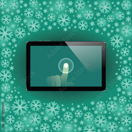 Digital tablet with shiny sensor screen with touch hand. Electronic smart device