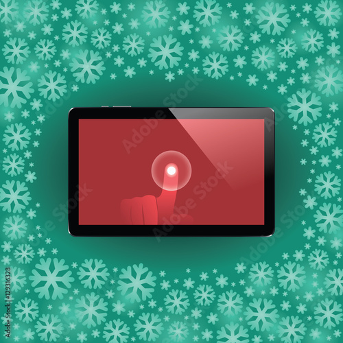Digital tablet with shiny sensor screen with touch hand. Electronic smart device