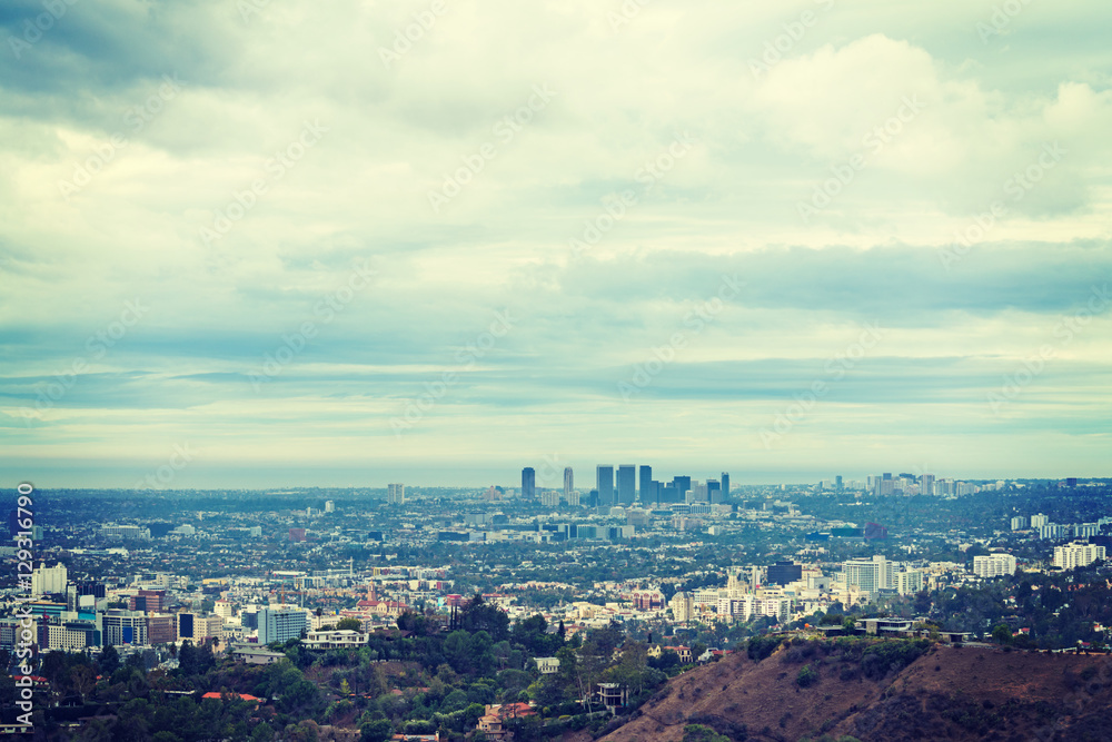Panoramic view of Los Angeles on a cloudy day