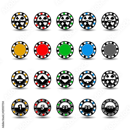 set chips for poker yellow green grey red yellow one in the middle and rectangles with a side. round and white dotted line line. an icon on the white isolated background. photo