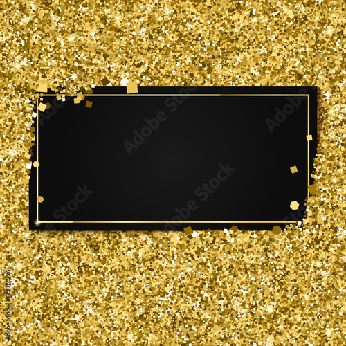 Glittering background with black banner and place for your message. Modern, gold template for VIP card, exclusive gift certificates, luxury voucher, presentation for shop.