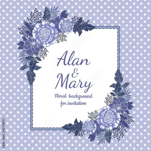 Floral card template for invitation. Blue flowers and leaves on polka dot background. 