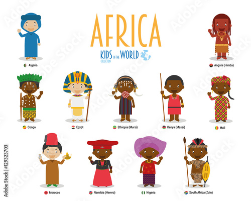 Kids and nationalities of the world vector: Africa. Set of 11 characters dressed in different national costumes. photo