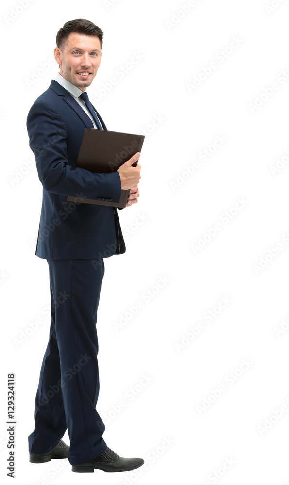 Businessman from the back - looking at you over a white backgrou Businessman from the back - looking at you over a white backgrou